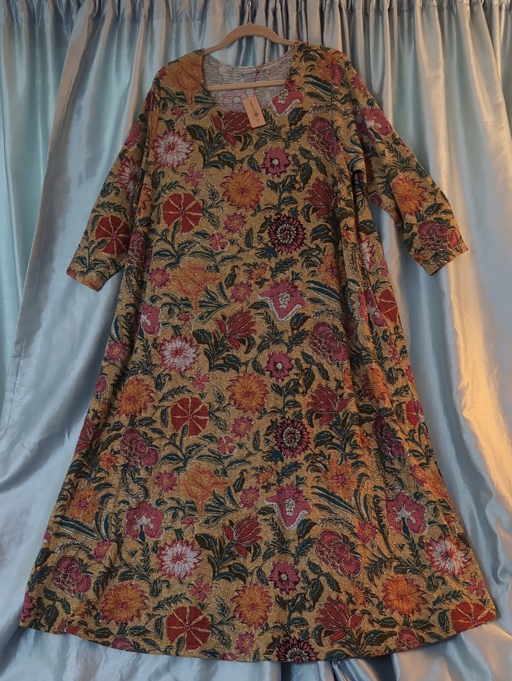 Natural Life Floral A-Line Maxi Dress in Mustard with Pink & Green Print NWT